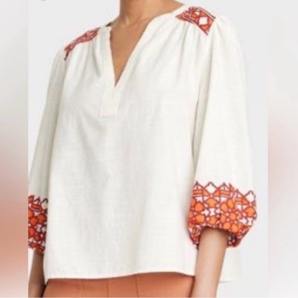 KNOX ROSE Cream Balloon 3/4 Sleeve Woven Embroidered Top Boho Southwestern L